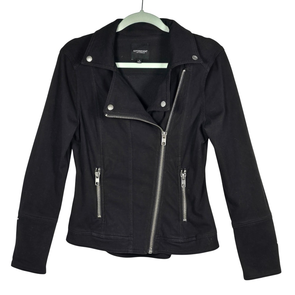 Liverpool Los Angeles Womens Black Cotton Blend Moto Jacket Size Small Zip Front